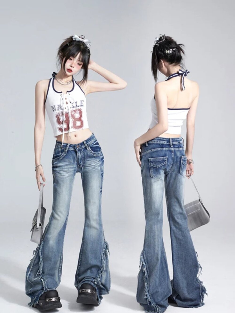 Devil Inspired Blue Slimming Flare Jeans with Floor-Length Fit & Raw Hem Side Se